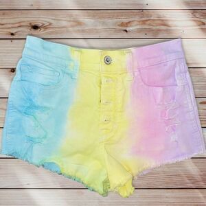 Hollister Pastel Ombre Tie-Dye Denim Shorts - Blue Yellow Pink